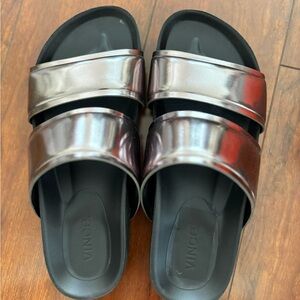 Vince Orion Metallic Silver Double Strap Slide Sandals Womens Fits Size 7-7.5